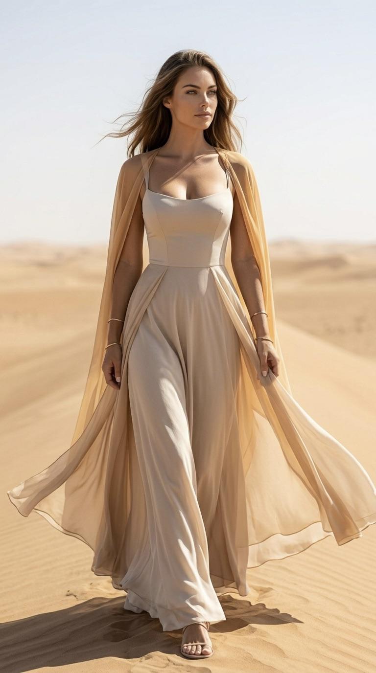 Flowing Beige Gown On Sunlit Desert Dunes
