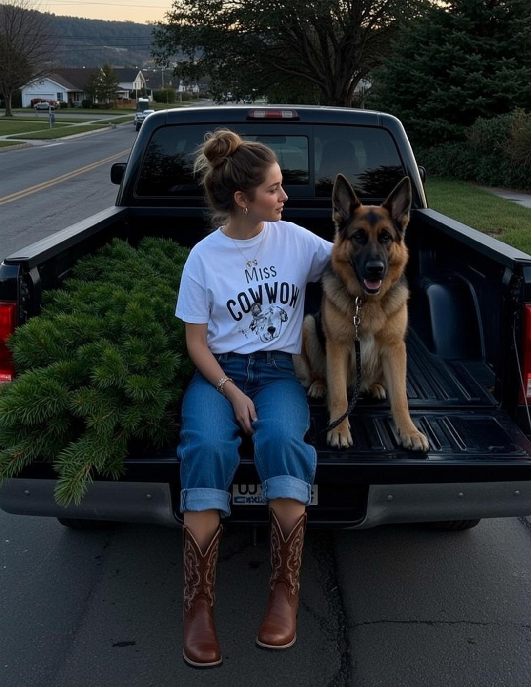 Cowgirl Young Sitting Tailgate Black Pickup Truck