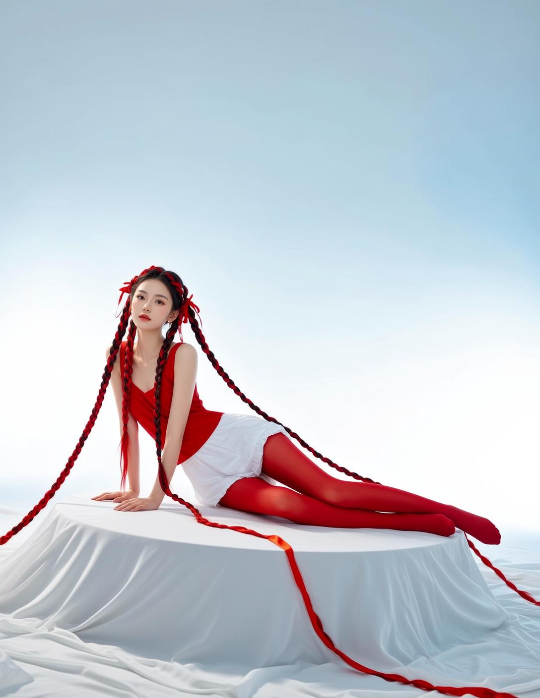 Red Ribbon White Platform Pose