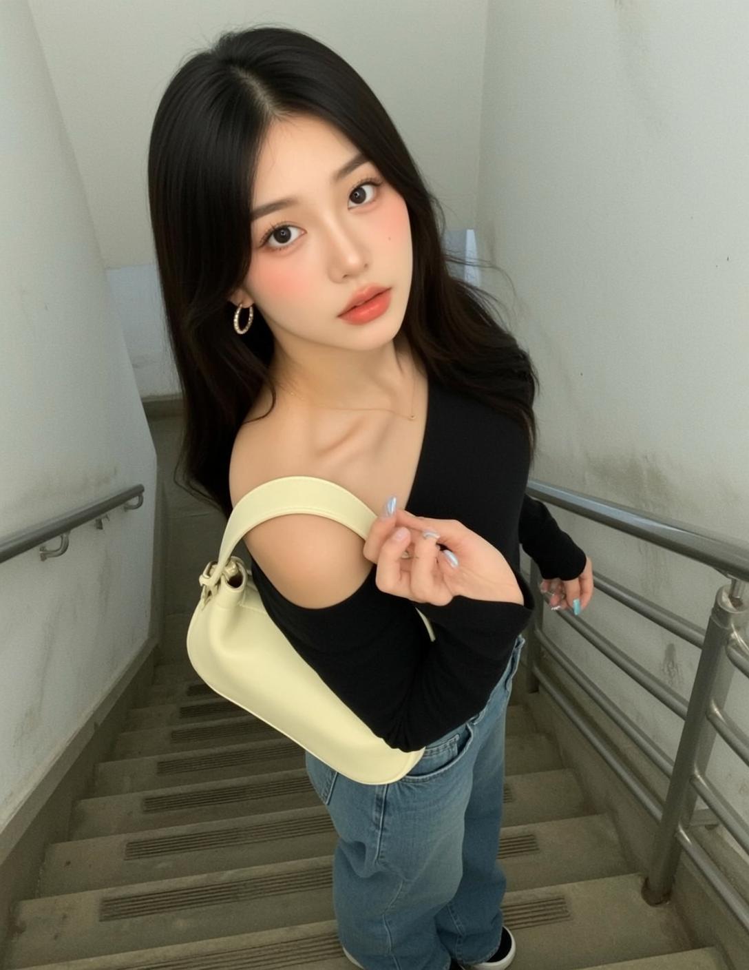 Explore Stands Concrete Stairs Her Body Angled