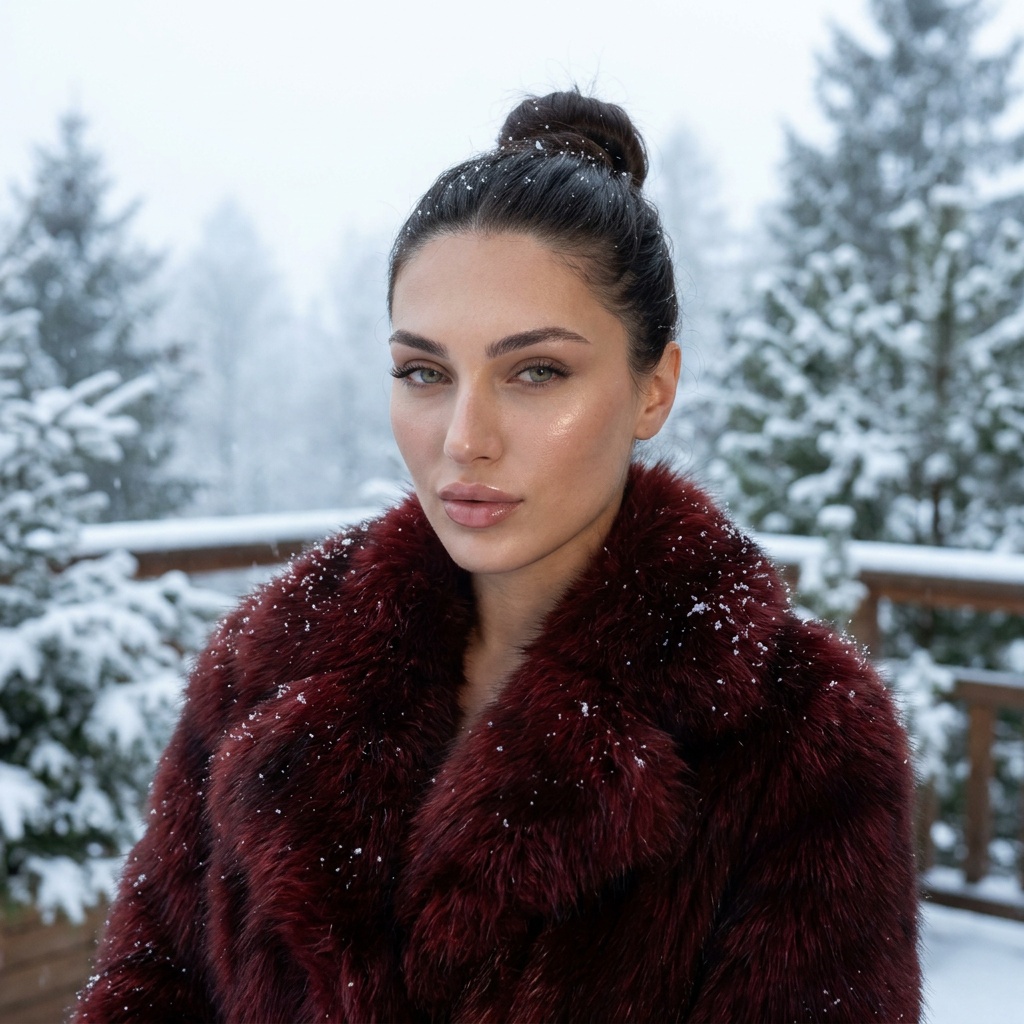Close-up of a woman named Lily in a dark red fur coat, standing on a snowy terrace surrounded by frosted pine trees.