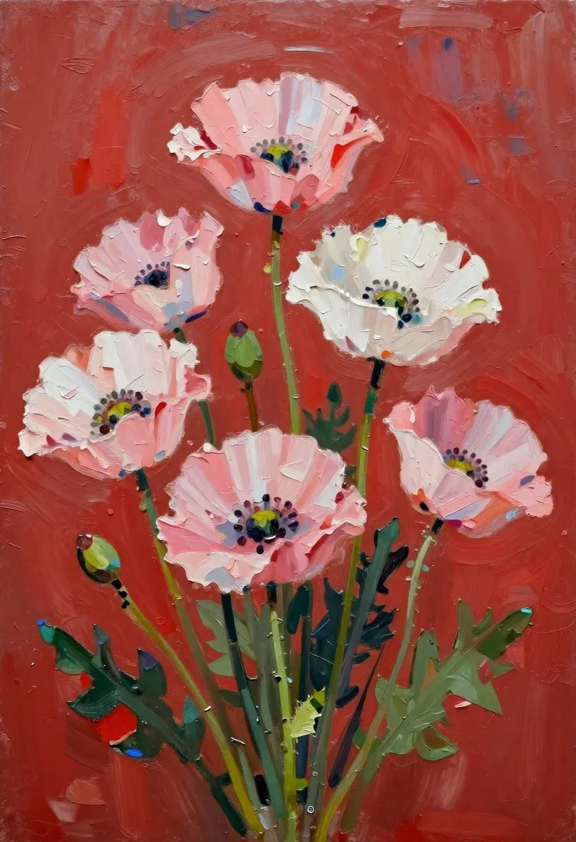 Oil Painting Soft Pink And White Poppies Against Bold Red