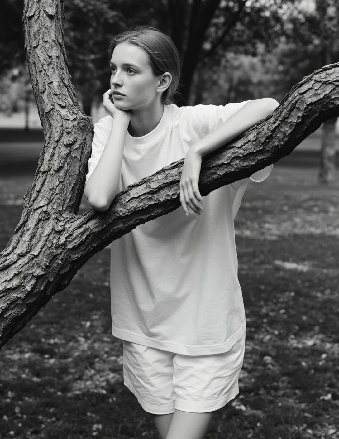 Explore Leaning Against Textured Tree Trunk Her