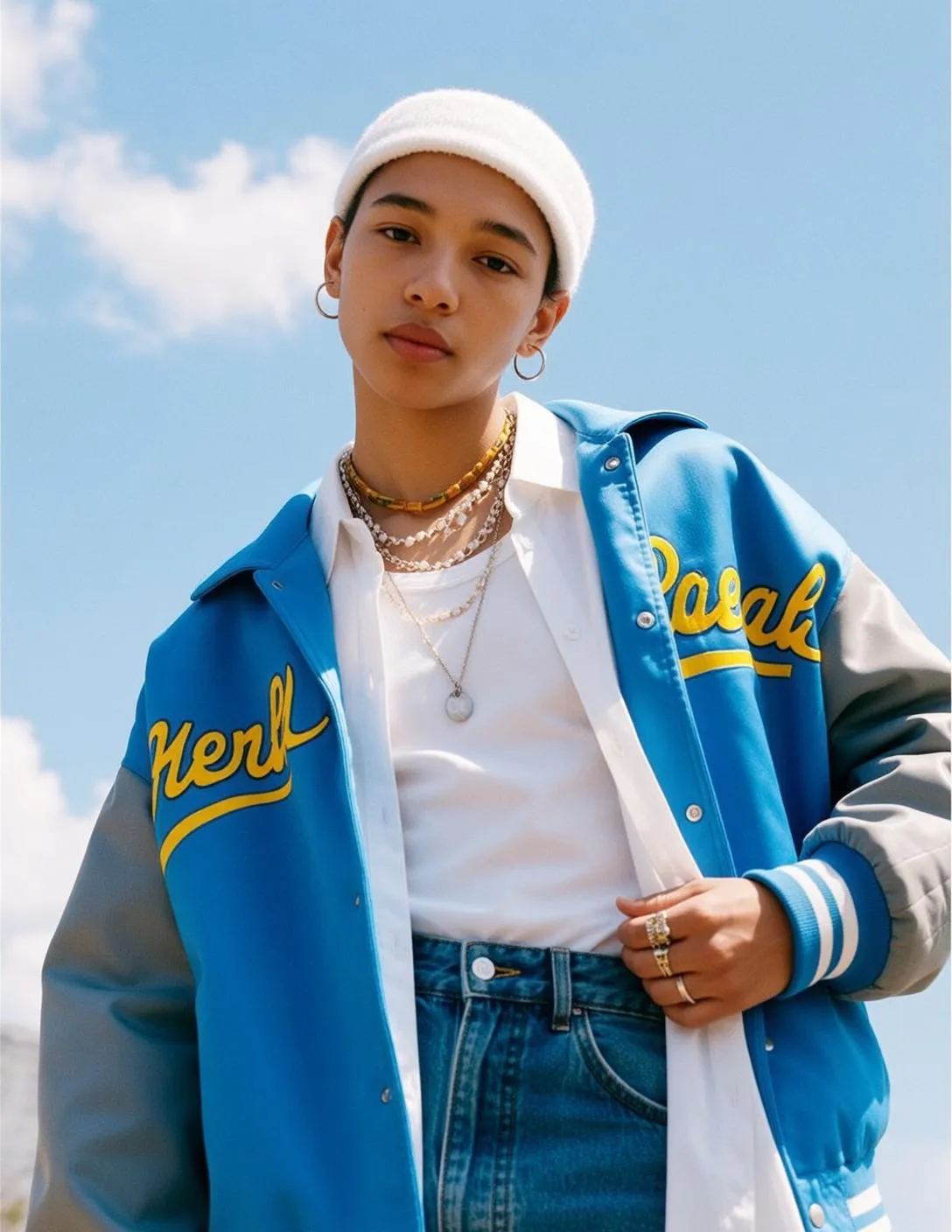 Earrings And Necklace And Rings With White Shirt