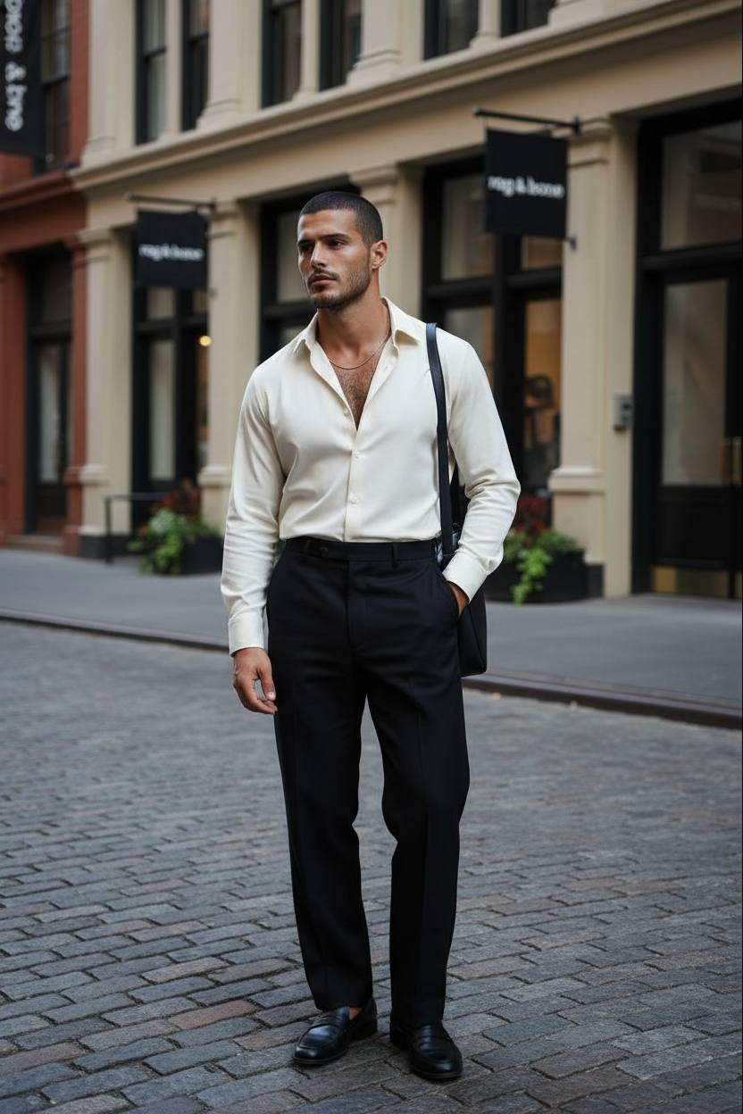 A confident man in a long ivory button-down shirt and tailored trousers stands on a cobblestone street in Soho, New York, with urban architecture in the background.