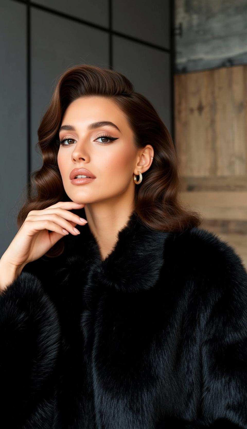 Glamorous Woman Black Fur Coat Gold Earrings Studio