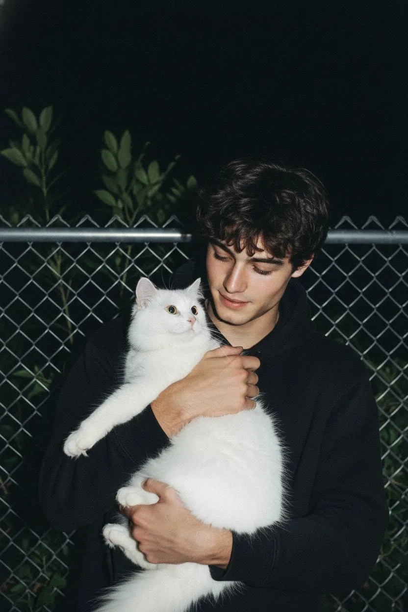 Holding Fluffy Cat Night Fence Flash