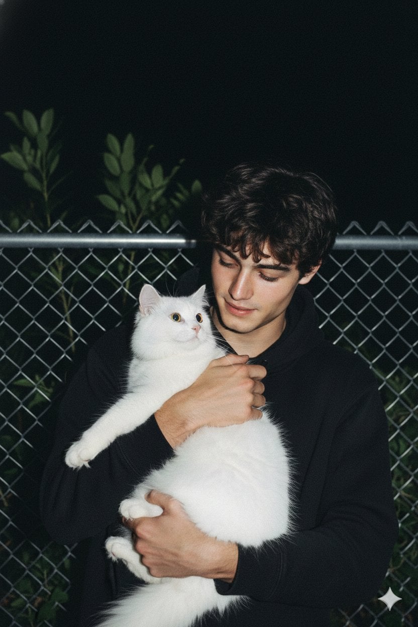 Holding Fluffy Cat Night Fence Flash