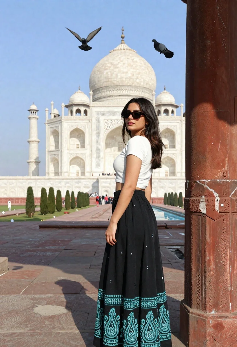 Woman Stands Leaning Against Stone Pillar With The Taj Mahal