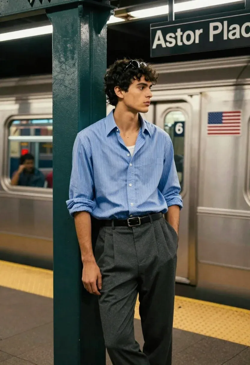 Young Man Stands Casually Subway Platform With Train Passing The
