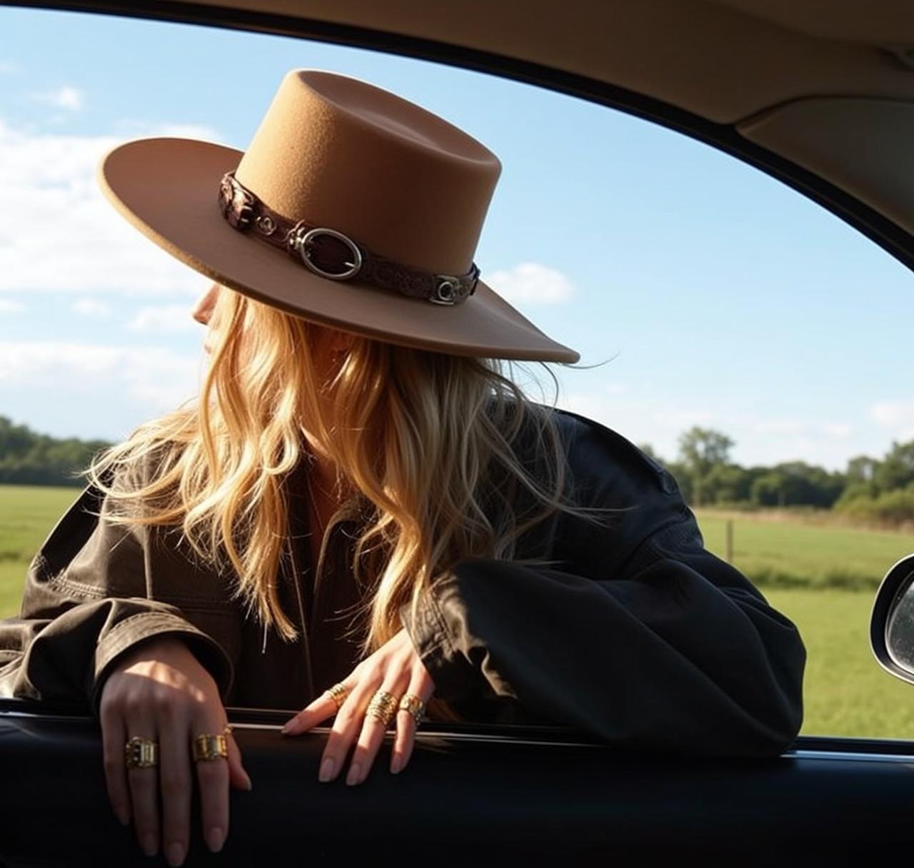 Cowgirl Leaning Car Window Her Head Turned
