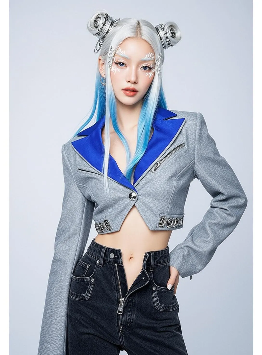Face Paint With A Cropped Grey Blazer In A Studio