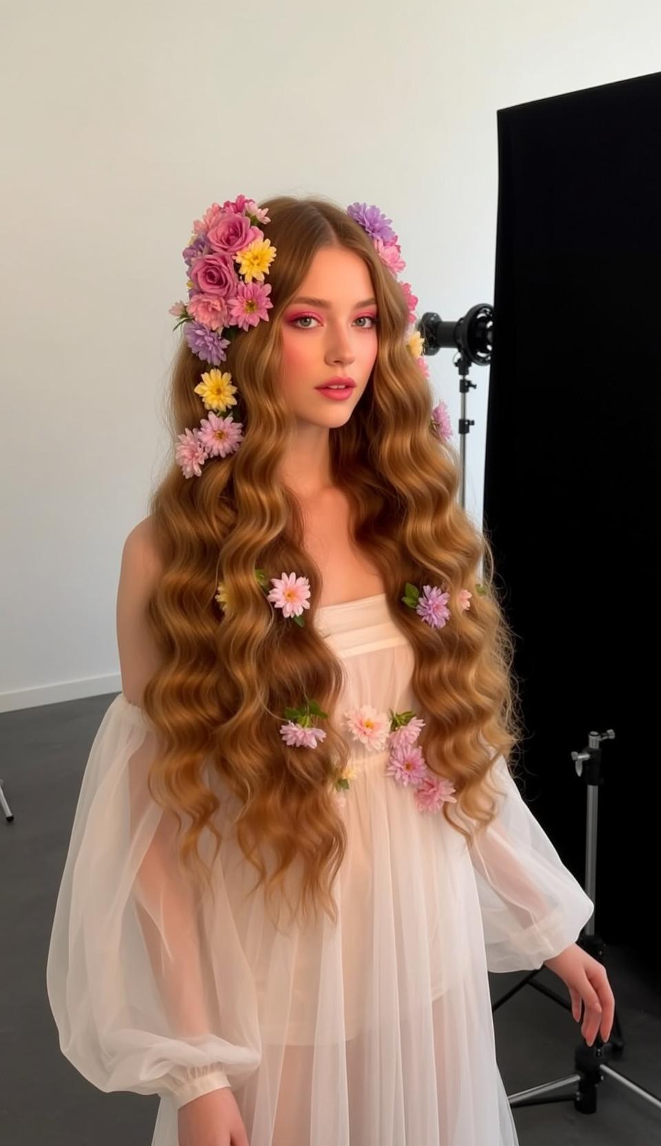 Fairycore Young Long Wavy Auburn Hair Flowers