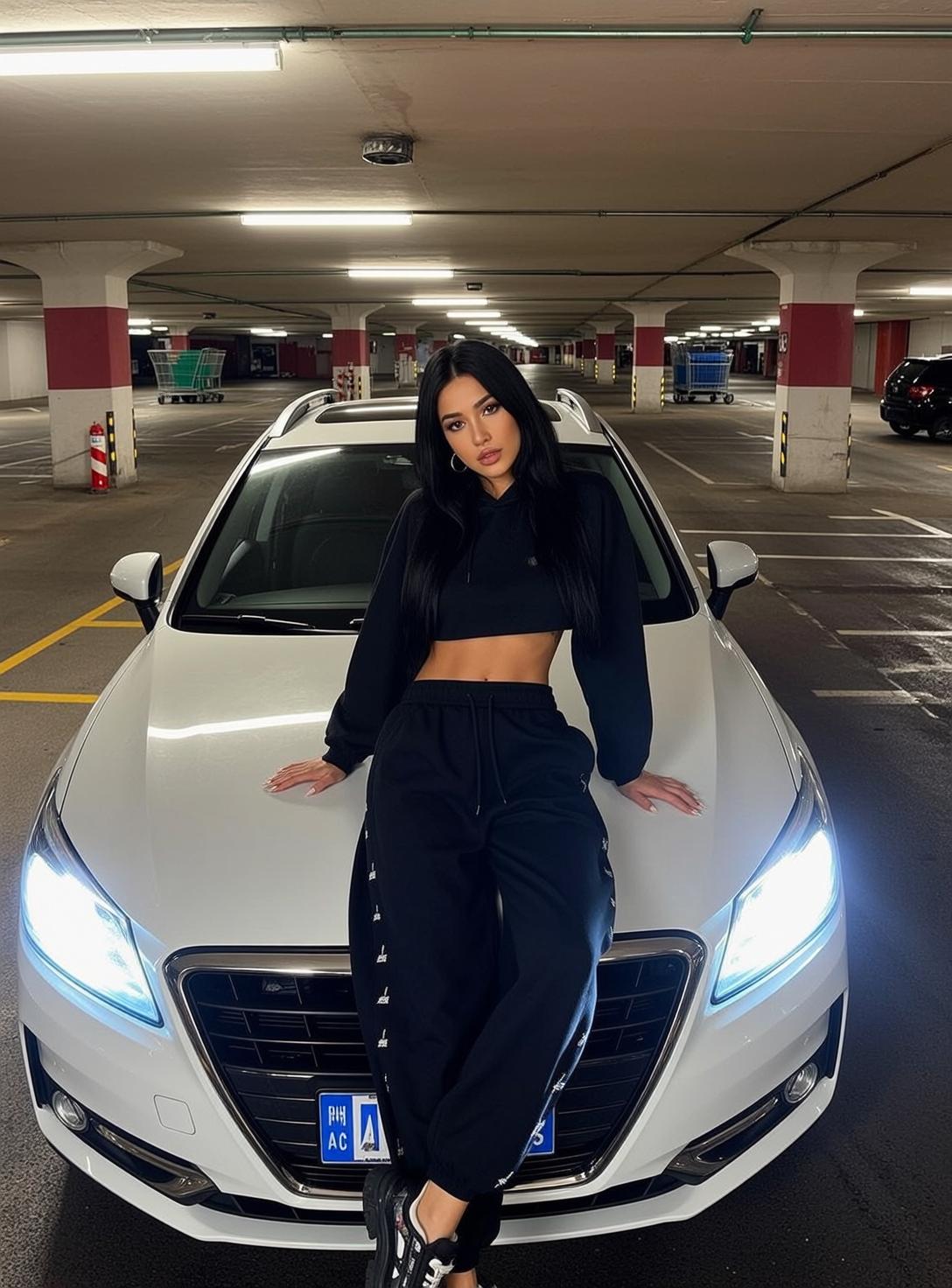 Black Cropped Hoodie Black Sweatpants Overhead Fluorescent Lights Car Headlights