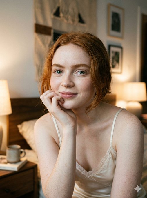 Woman in a cream slip dress reading a book on a cozy bed, warm lighting accentuating her thoughtful expression.