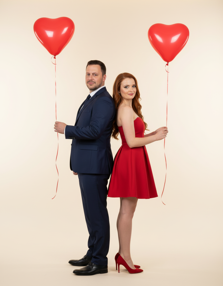 Romantic couple in a studio, back to back, holding a red heart balloon with elegant attire.