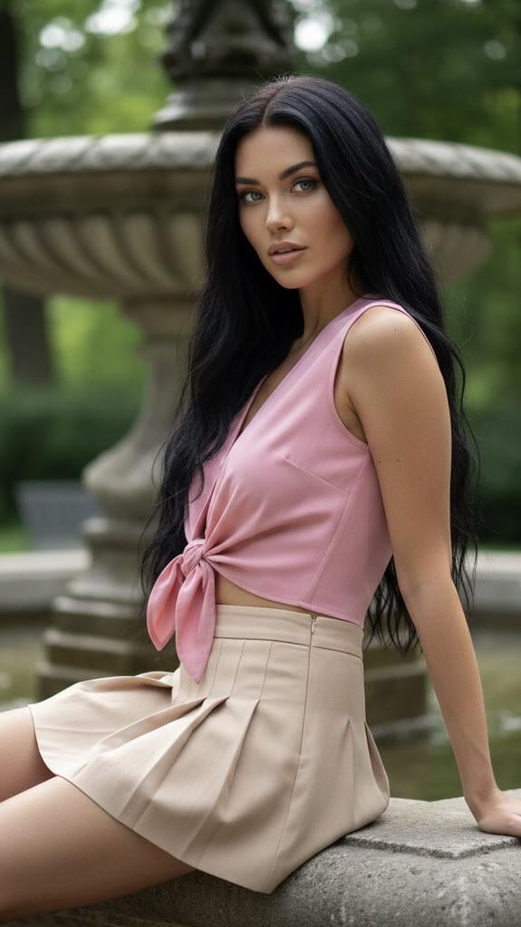 Pink Crop Top Beige Skirt On Stone Fountain Ledge