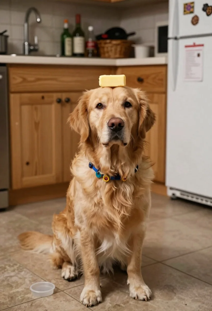 Medium Shot Golden Retriever Sitting Tiled Kitchen Floor Cozy Home reference photo