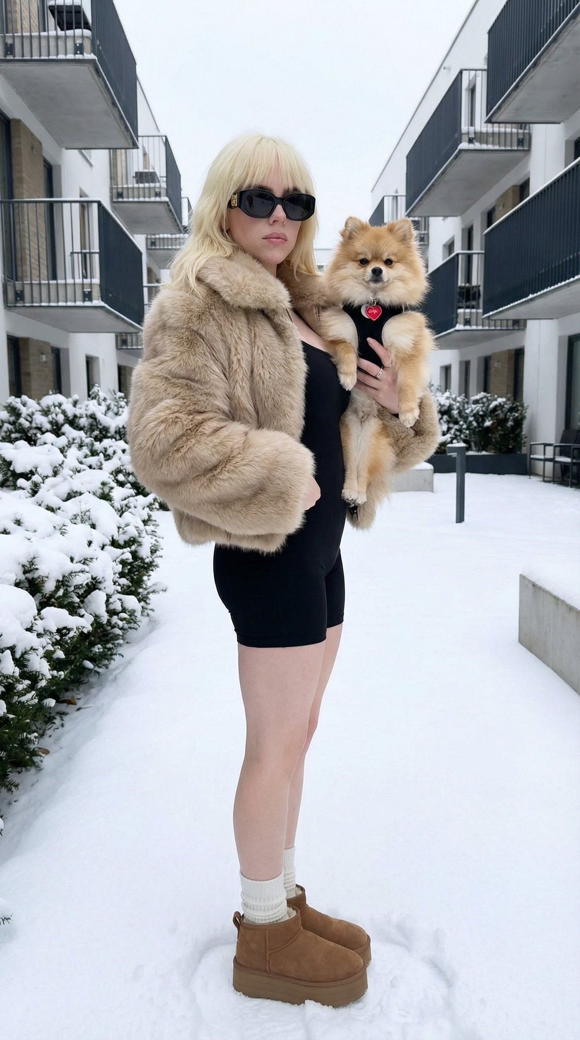 A young woman in a beige fur jacket stands in snow, holding a fluffy Pomeranian in a black harness, with modern apartments in the background.
