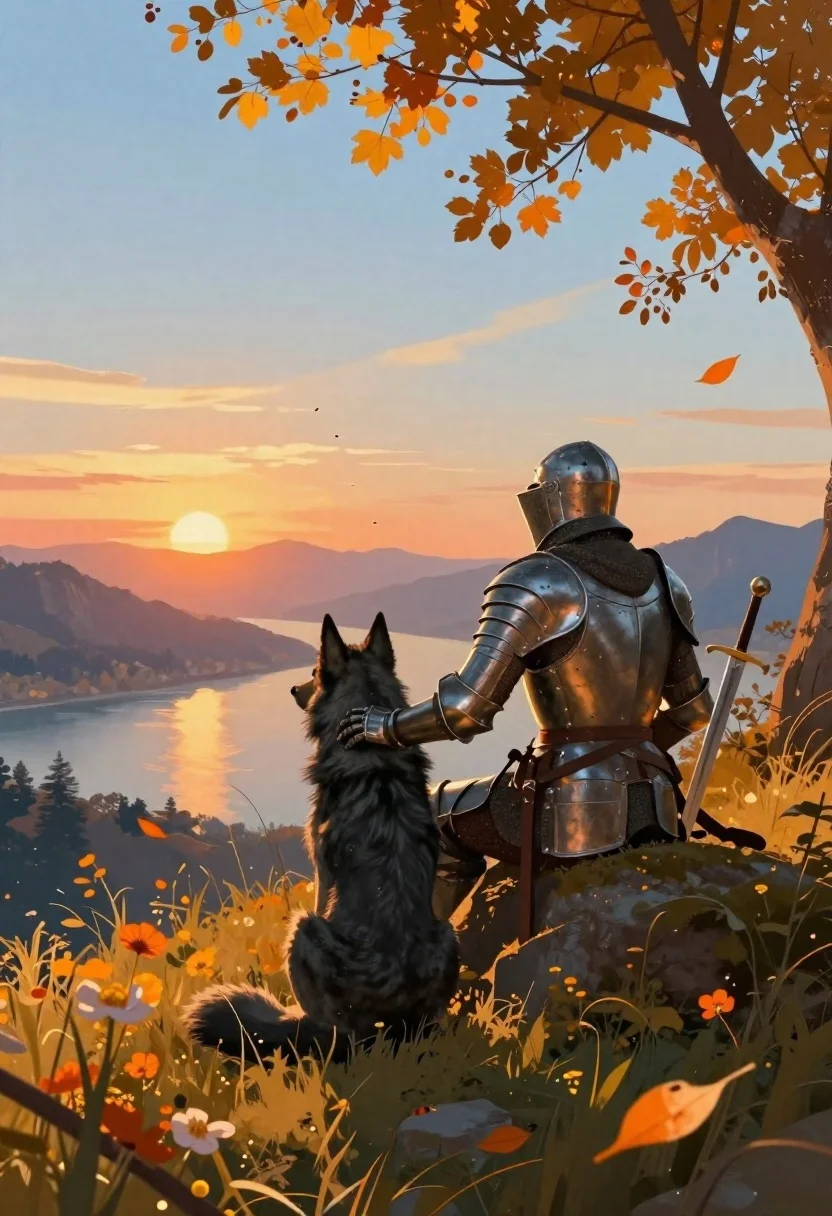 Diorama-style Digital Illustration Knight Full Plate Armor Sitting With His reference photo