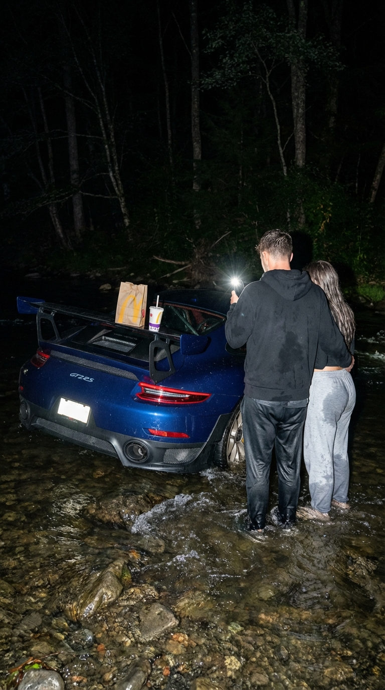 A dark blue Porsche 911 GTS RS partially submerged in a shallow river at night, with gentle water movement and visible stones.