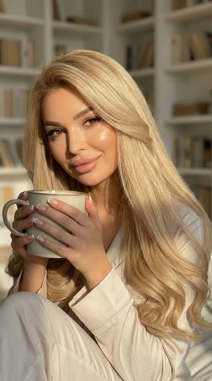 French Manicure With Pajamas And A Mug In Window Light