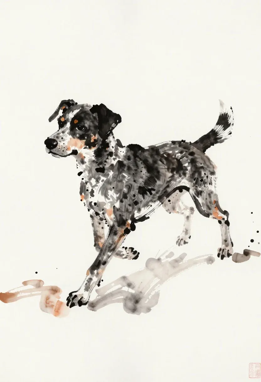 Dynamic Ink Wash Painting Spotted Dog Motion White Paper Subject