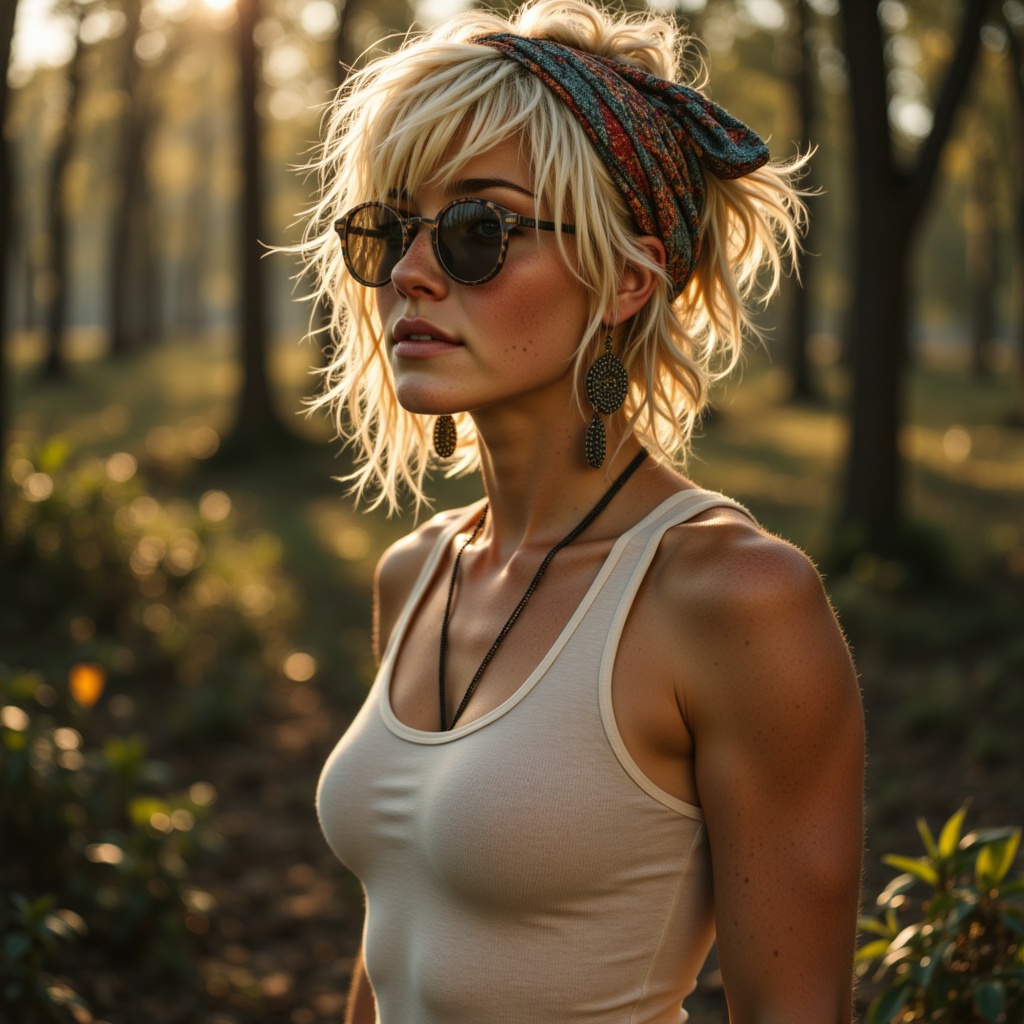 Emma standing in a sunlit forest, wearing a colorful headscarf and large round sunglasses, with dappled light on her white tank top.