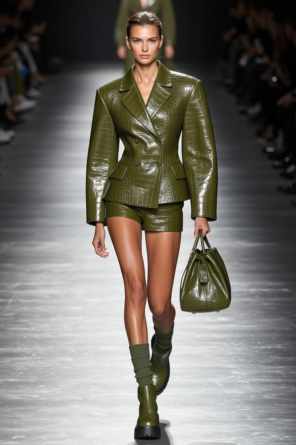 Fashion Week Pulled Back Tan Green Crocodile-embossed