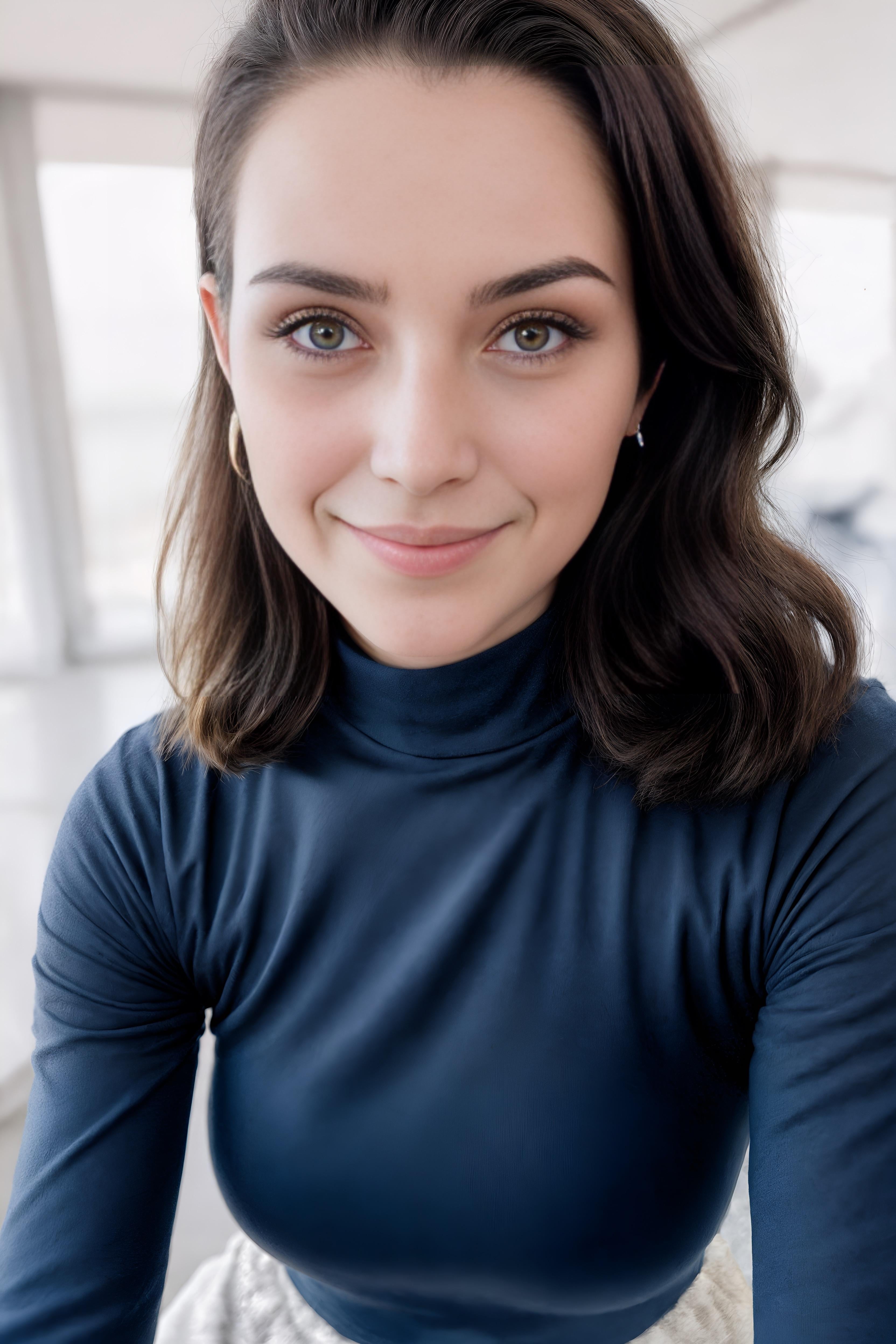 Close-up portrait of a person with wavy dark brown hair, wearing a navy mock-neck top in a softly lit modern office setting.