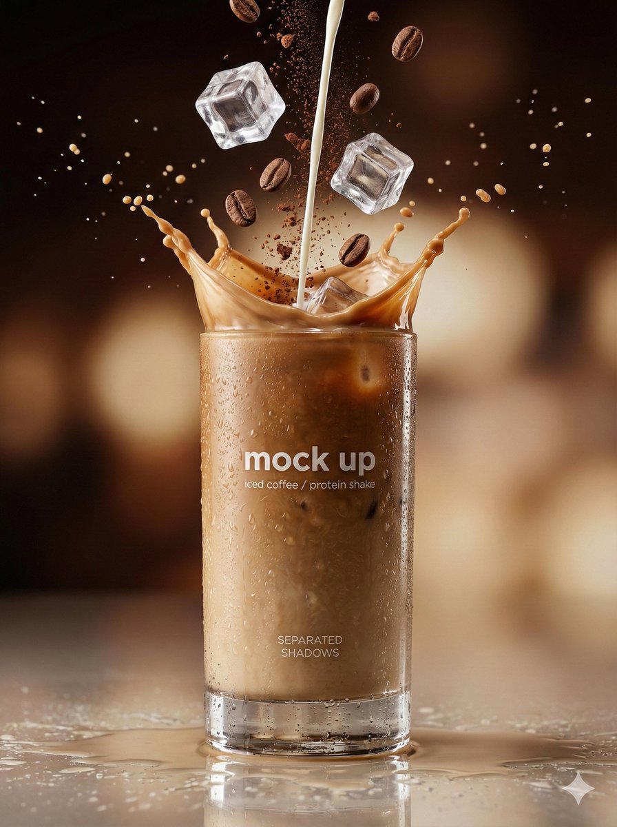 A tall glass of iced coffee with a splash of liquid erupting, showcasing cold condensation and floating ice cubes.