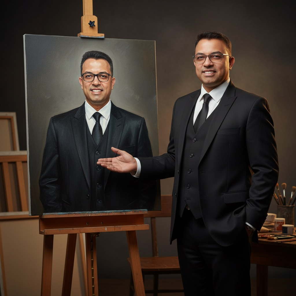 A hyper-realistic portrait of a man in an elegant black suit, confidently standing beside an easel, showcasing a photorealistic self-portrait.