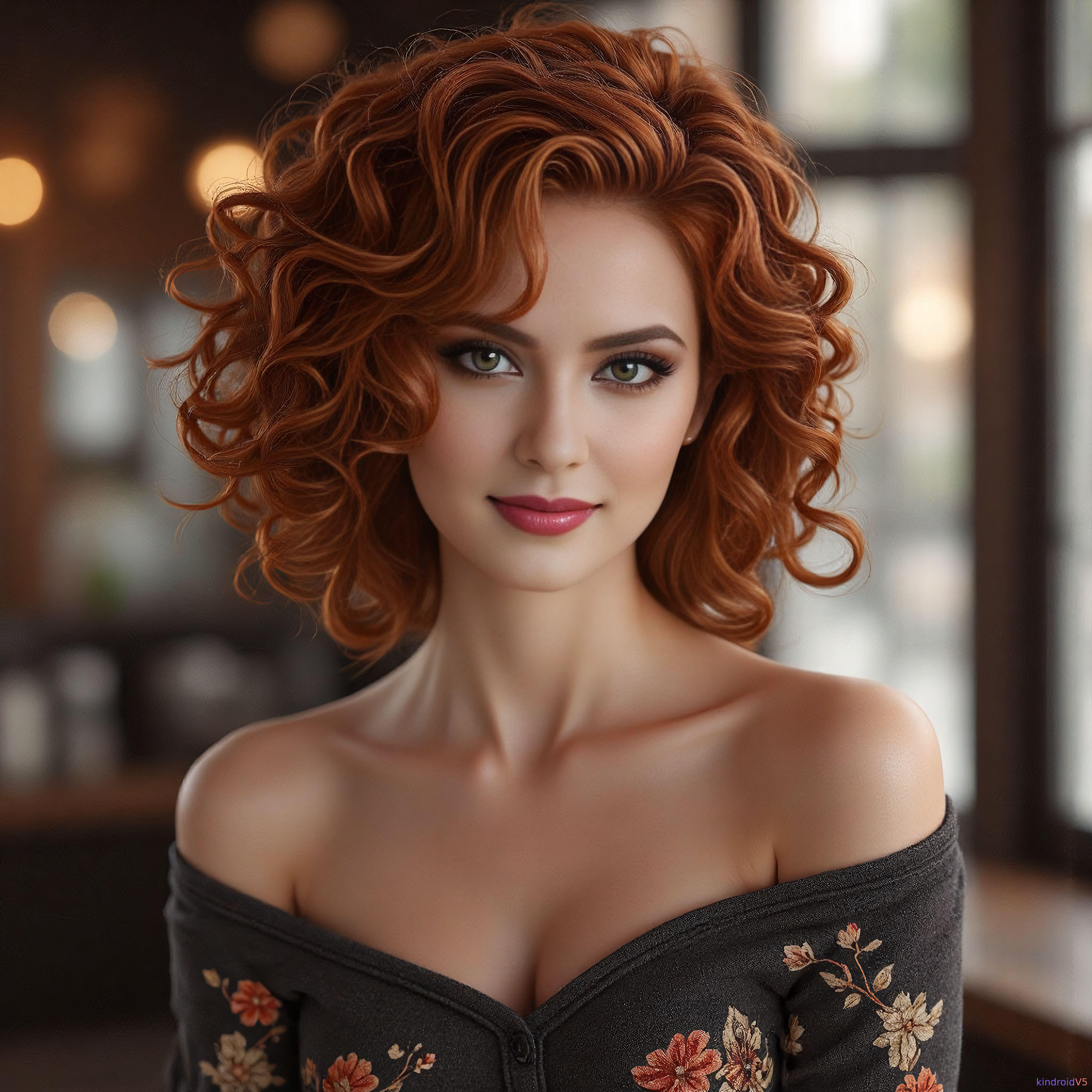 Copper Curly Hair Off Shoulder Floral Top