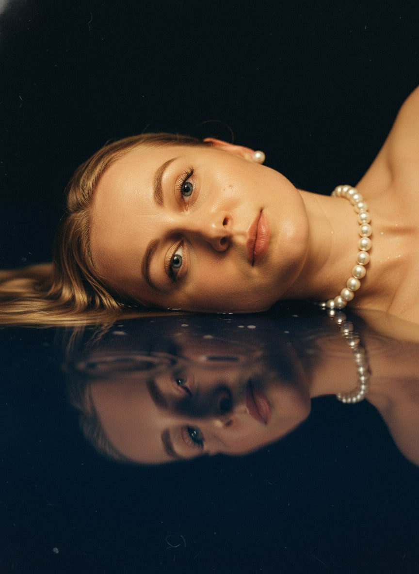 A model lying serenely in deep blue water, adorned with pearls, shot from a low angle.