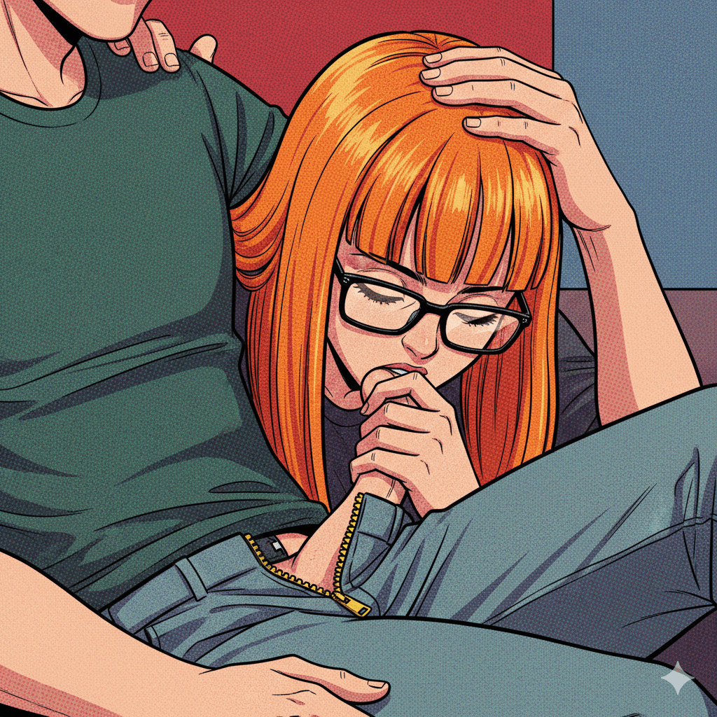 A person with vibrant orange hair and black-rimmed glasses resting in a contemplative pose, against a red and blue color block background.
