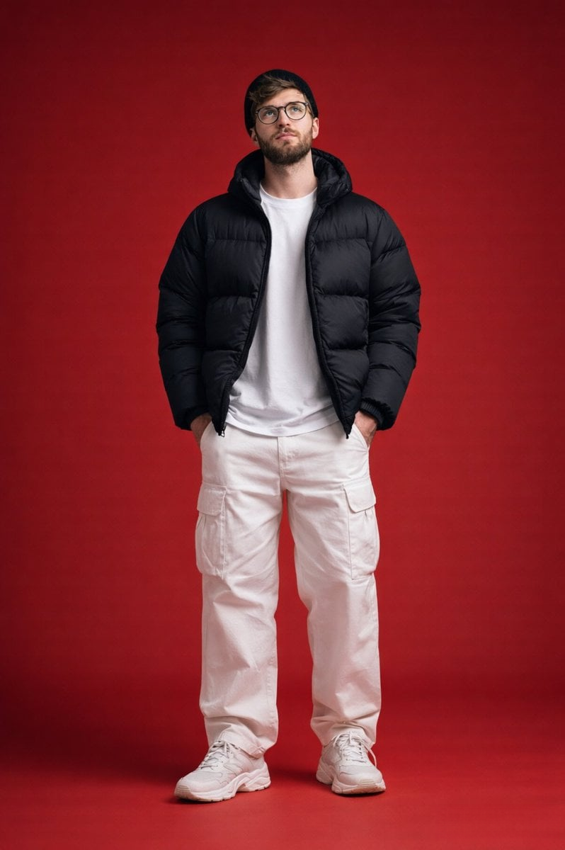 Ultra-realistic full-body fashion portrait of a man in a black puffer jacket and white cargo pants against a red background.