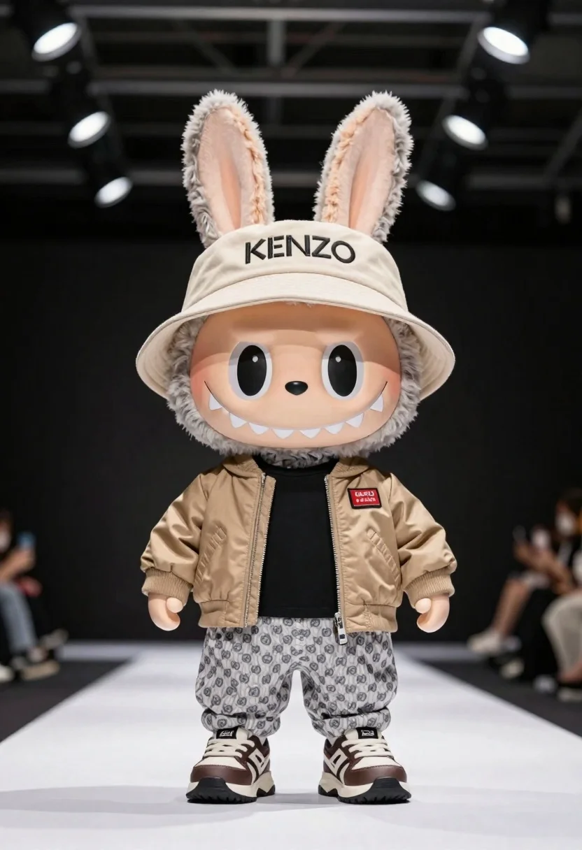 Stylized Plush Toy Rabbit Character Standing White Runway-like Surface Inside reference photo