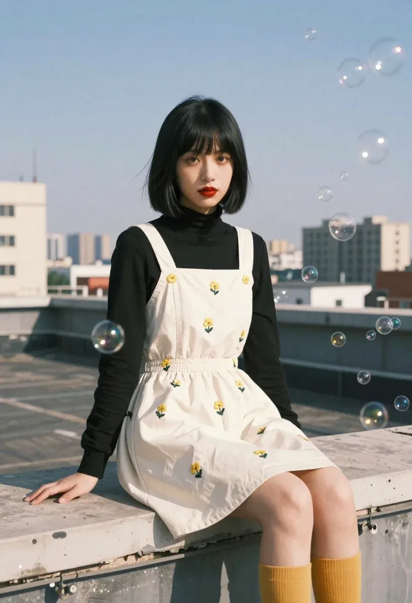 Photorealistic Portrait Young Woman Sitting Rooftop Ledge Surrounded Floating Soap
