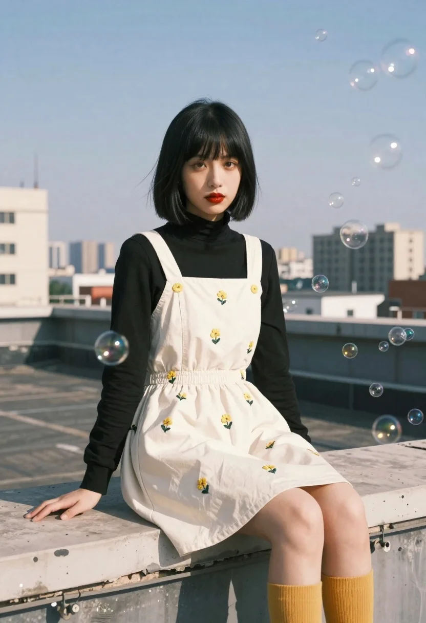 Photorealistic Portrait Young Woman Sitting Rooftop Ledge Surrounded Floating Soap reference photo