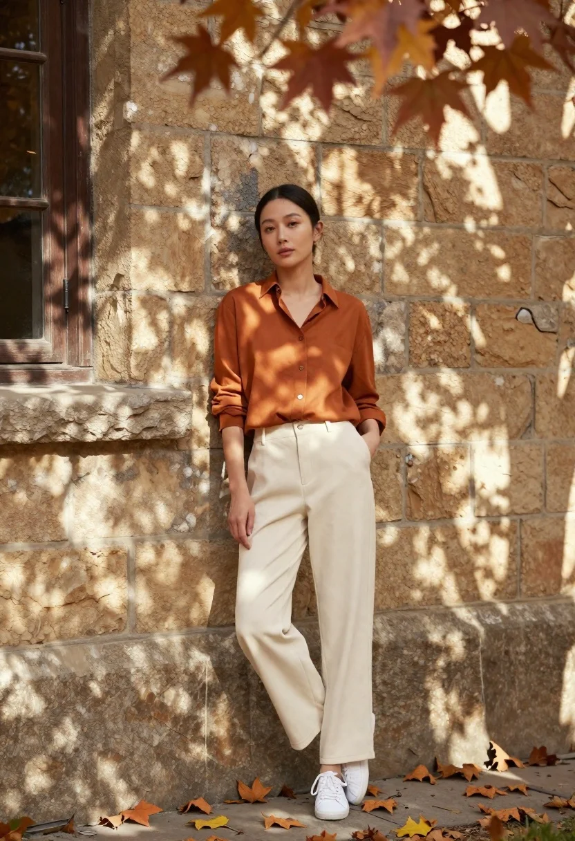 A woman in warm sunlight leans casually against a weathered stone wall adorned with vibrant autumn leaves.