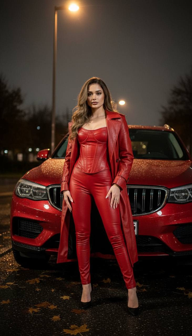 A confident woman in a red leather outfit stands in front of a gleaming red SUV on wet asphalt with leaves.