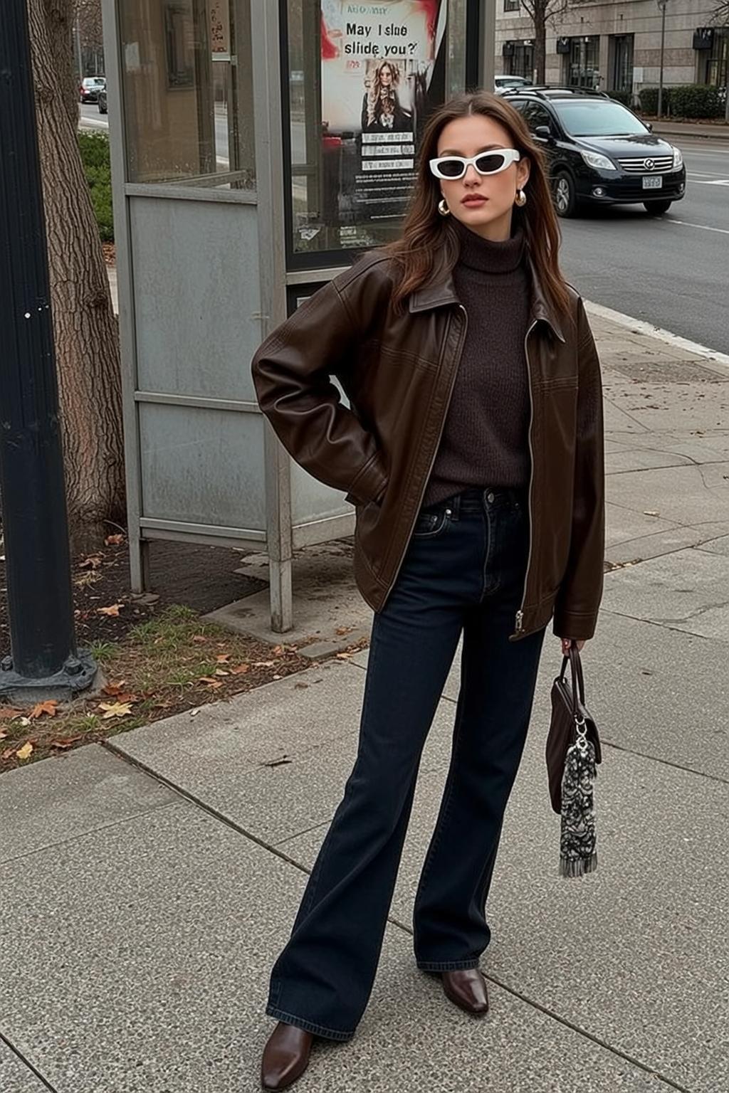 Brown Turtleneck and Flared Jeans Bus Stop