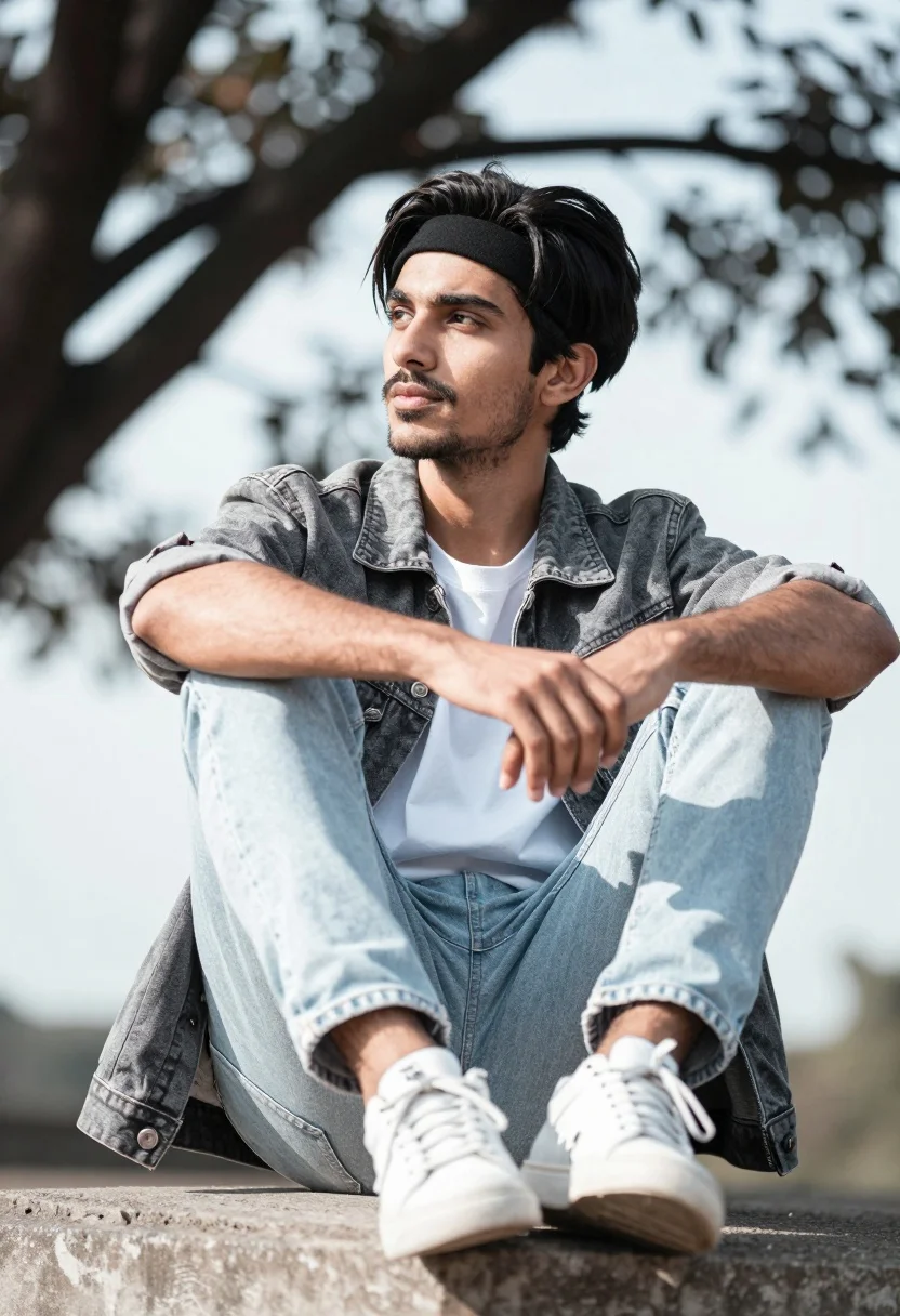 Young Man Sits Casually Concrete Ledge Outdoor Setting With Blurred