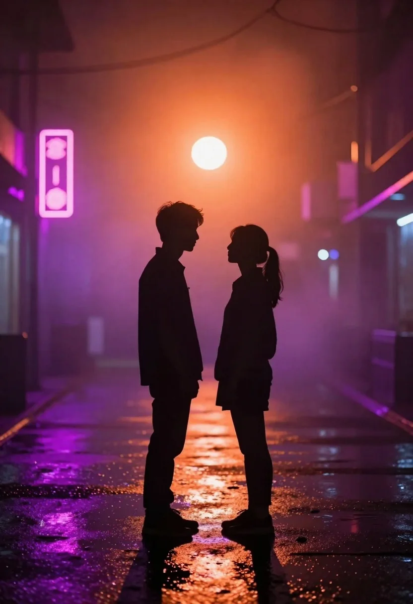 Cinematic Silhouette Scene Featuring Two Figures Standing Face-to-face Haze Orange reference photo