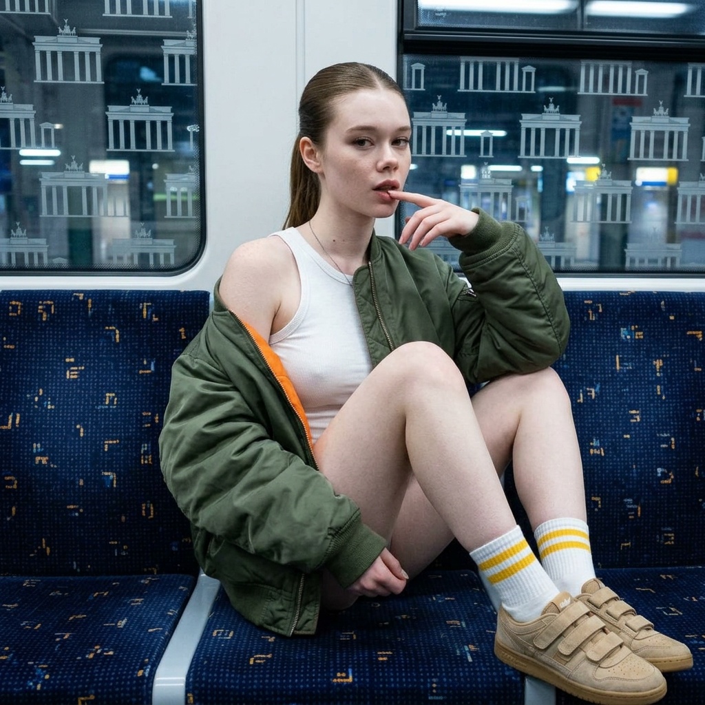 Woman with brown hair in ponytail wearing an olive bomber jacket sits on a navy subway seat, posing casually.