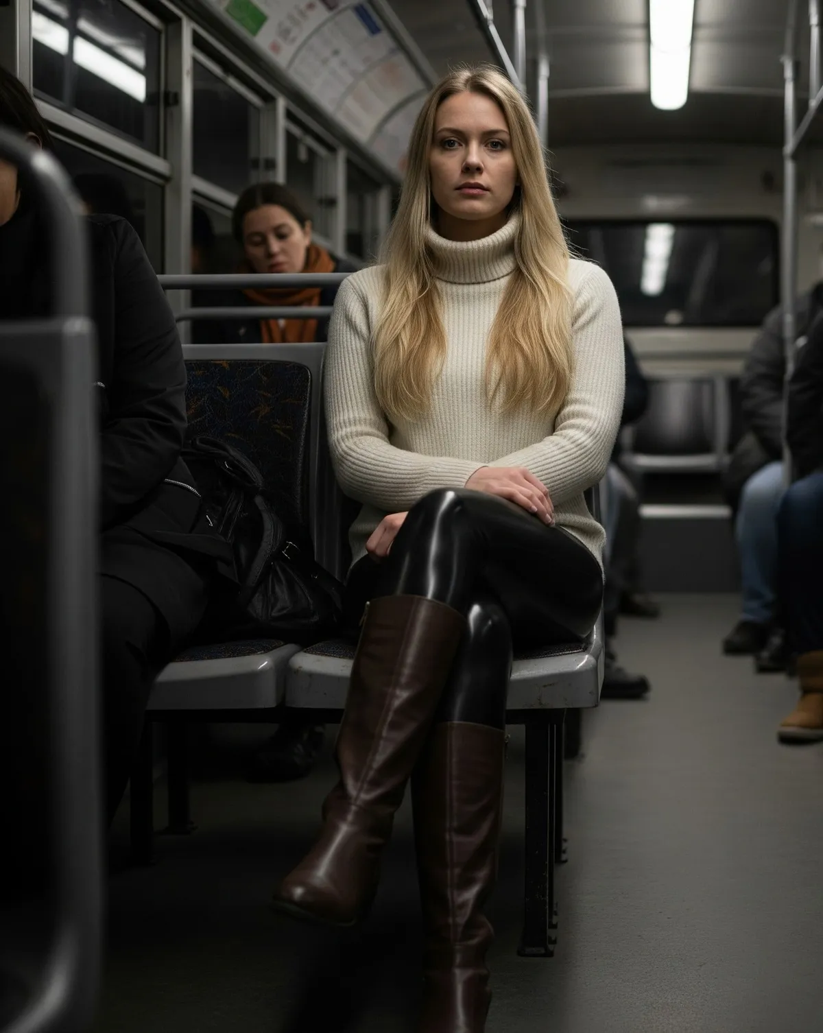 Subway Train Seat Wearing Cream Turtleneck And Leather