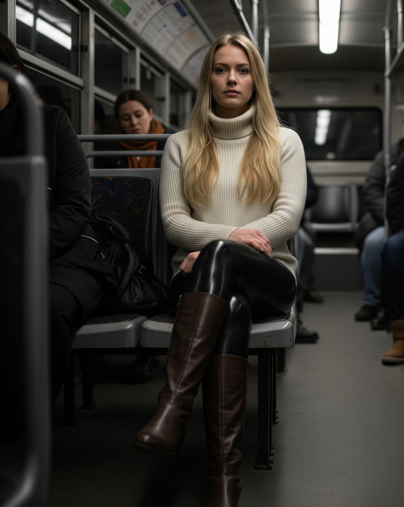 Subway Train Seat Wearing Cream Turtleneck And Leather
