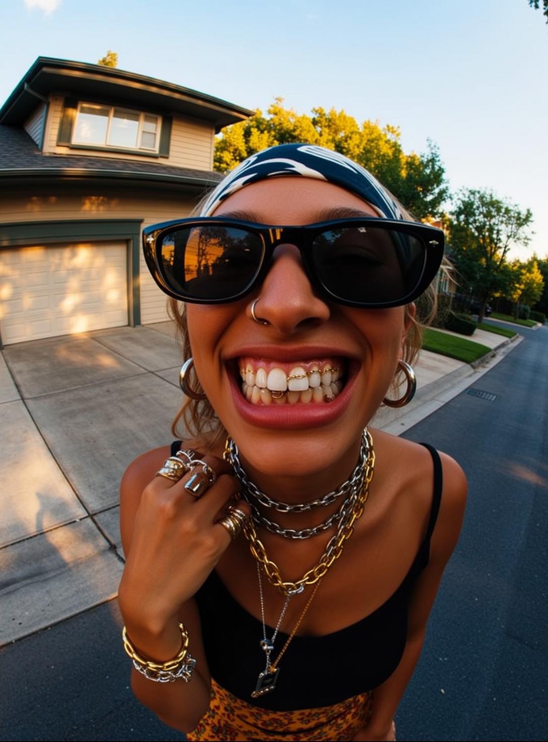 Suburban Street Blonde Woman Yellow Skirt Smile