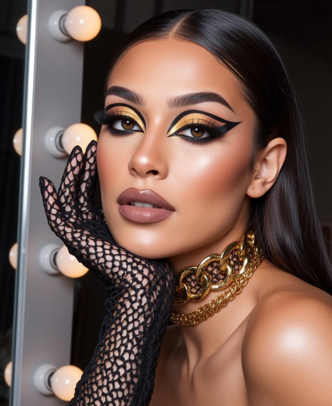 Photorealistic Portrait Young Woman With Striking Makeup Her Right Hand