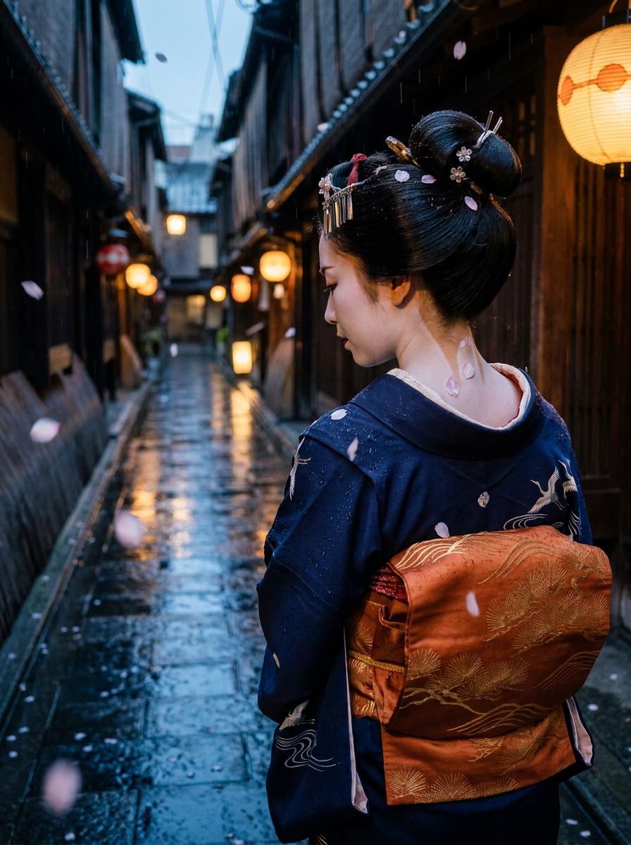 Kyoto Geiko Walking Through Lantern Lit Alley Spring Rain